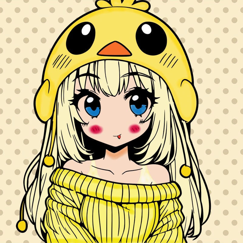 anime girl with chick shaped hat with sweater with bare shoulders with bangs covering them one eye with low tail