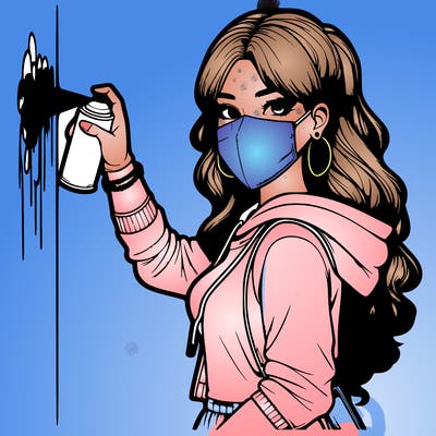 realistic girl with mask spray painting a wall