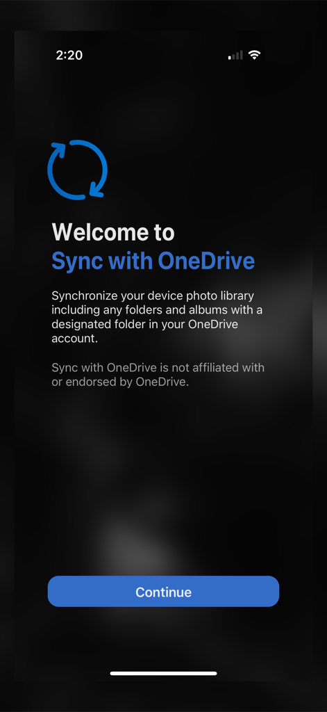 Sync with OneDrive - Welcome screen of Sync with OneDrive app explaining photo library and folder hierarchy synchronization