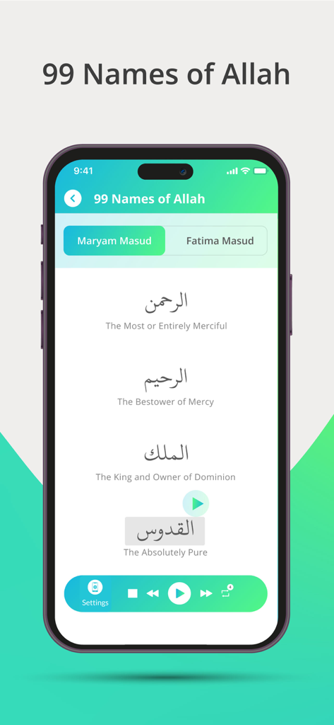 Quran With Maryam - Screenshot of the Quran With Maryam mobile app displaying the 99 Names of Allah in Arabic and English with audio controls.