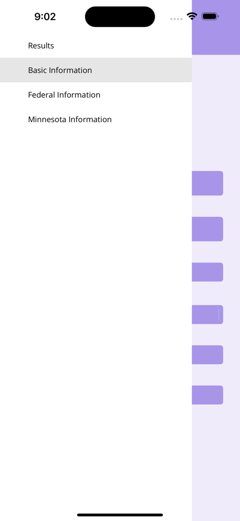 Withholding Calc - 源泉徴収計算機アプリのサイドメニュー、結果と税金情報セクションが表示されています