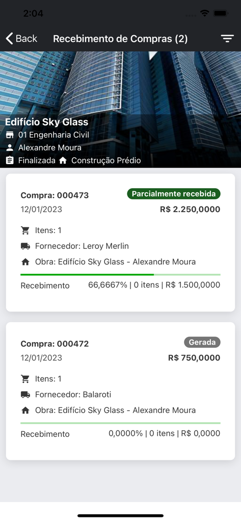 Obra Prima App - Interface of the Obra Prima app showing a list of purchase receipts and delivery status for a construction project.