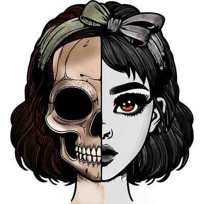 realistic girl with half skull mask