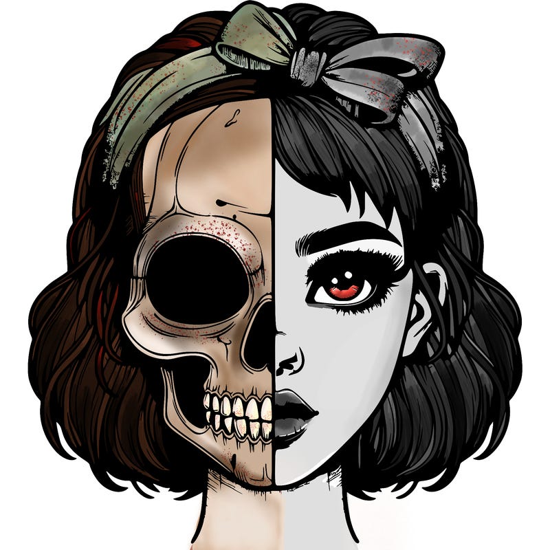 realistic girl with half skull mask