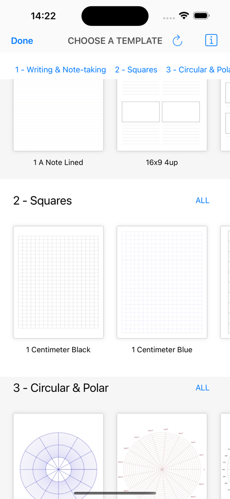 Quick Notes - PDF Easy Notes! - Choose a template screen in the Quick Notes app showing various paper styles including lined, squared, and circular grids.