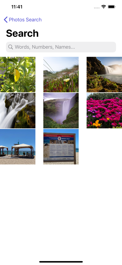 Search screen of the Photos Search Text app showing a search bar and a grid of images from the photo library