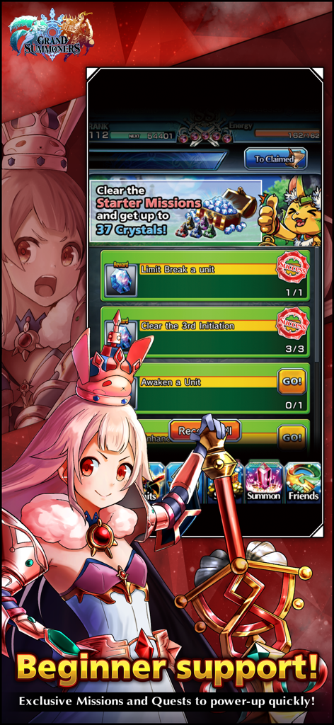 Grand Summoners - Anime RPG - Grand Summoners Anfänger-Support-Bildschirm mit Starter-Missionen und Belohnungen und einem Anime-Charakter