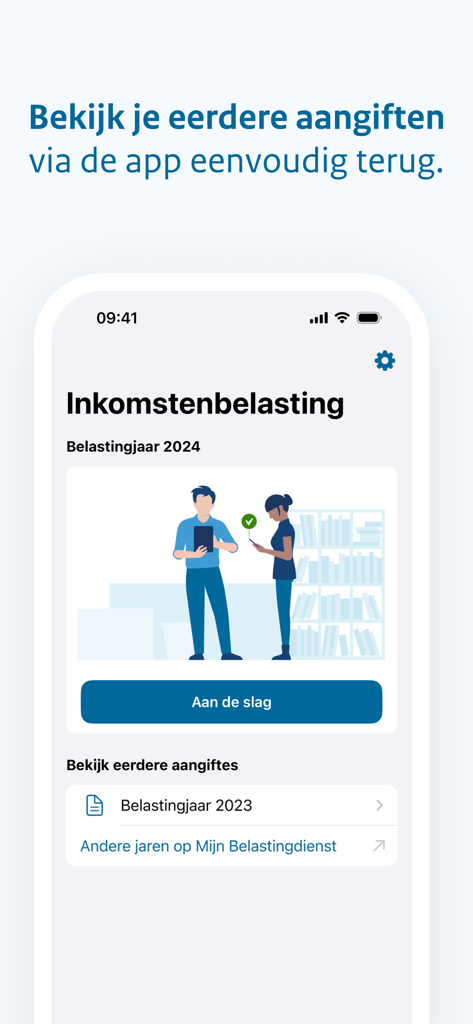 オランダの税務アプリのインターフェース。以前の税務申告が簡単にアクセスできるように表示されています。