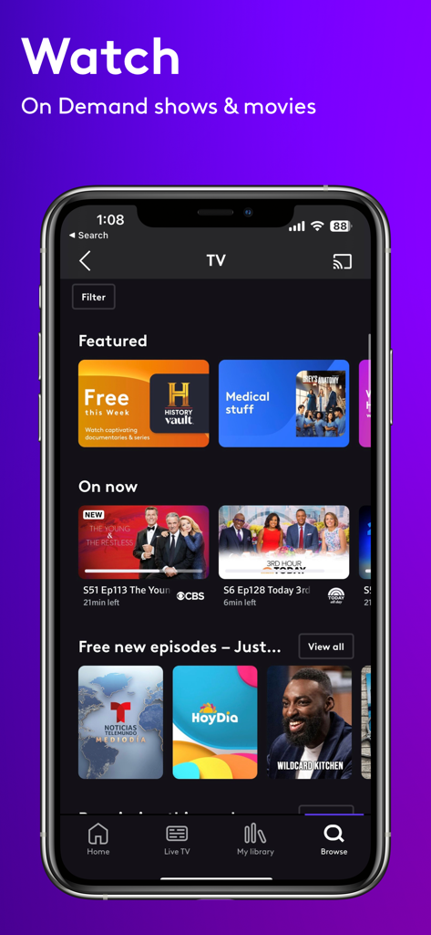Xfinity Stream - La aplicación móvil Xfinity Stream que muestra programas bajo demanda, películas y canales de TV en vivo en la pantalla de un iPhone.