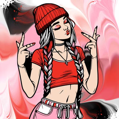 realistic teenage girl with braids and a beanie and crop top doing 🫶🏼