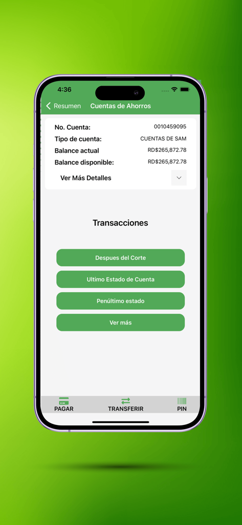 Mamoncito Personal - Aplicación móvil Mamoncito Personal que muestra el saldo de la cuenta de ahorros y las opciones de transacción