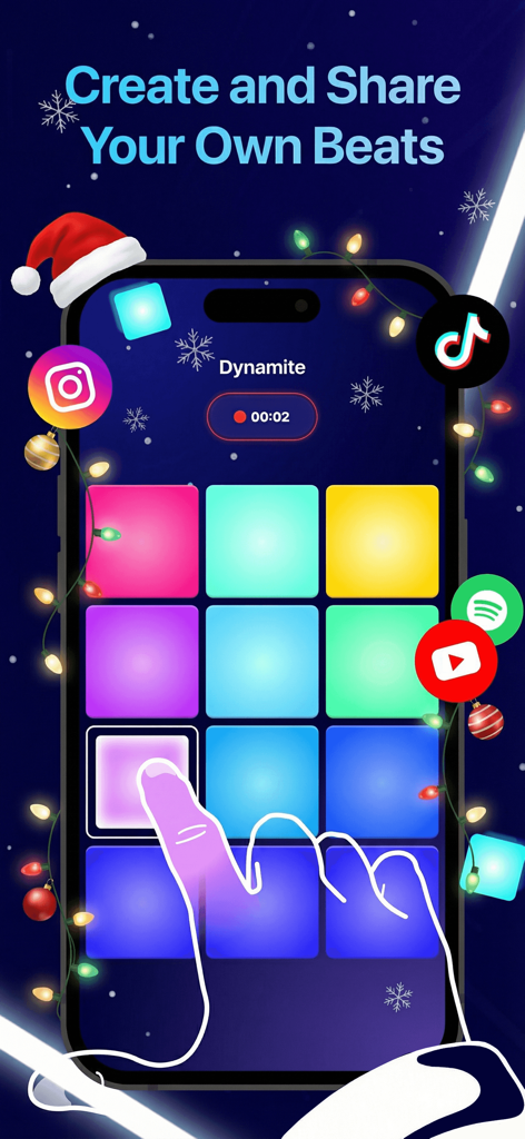 Beat Maker Pro app interface with colorful drum pads and social media icons for sharing music.