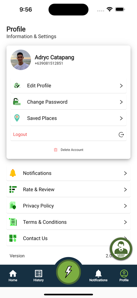 La pantalla de perfil y configuración del usuario de la aplicación móvil Backride Pinas.