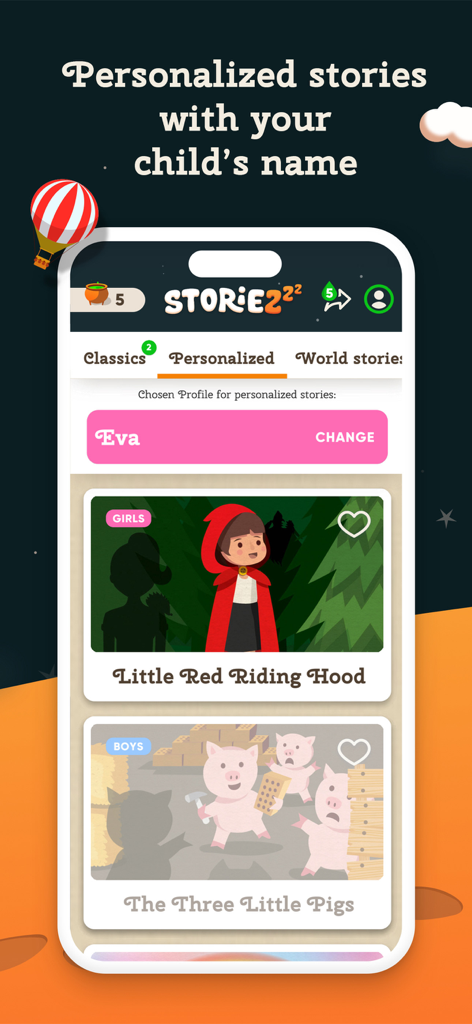 Storiezzz: Kids Fairy Tales - Interfaz de la aplicación Storiezzz que muestra cuentos de hadas personalizados para niños, incluyendo Caperucita Roja y Los Tres Cerditos