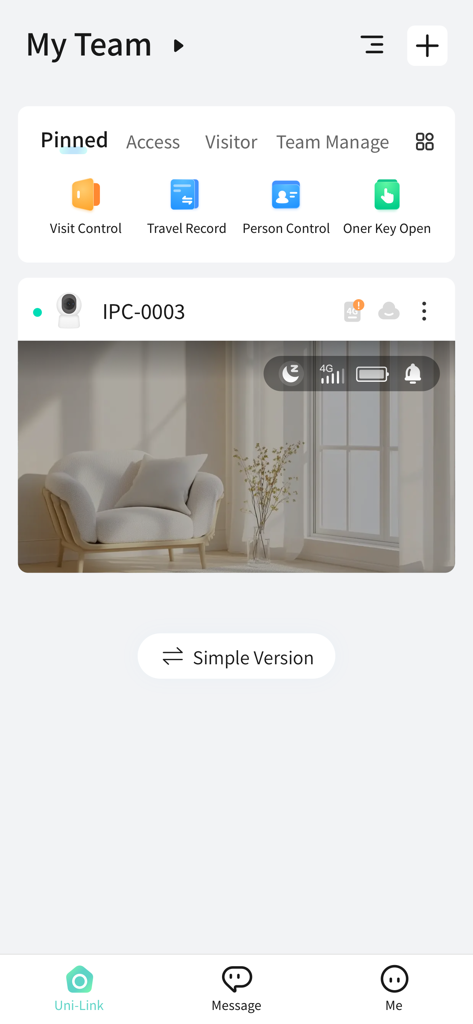Uni-Link - Uni-Link app interface with live video surveillance feed and home security management icons