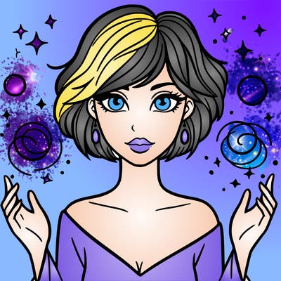 a woman with magic around her and short hair