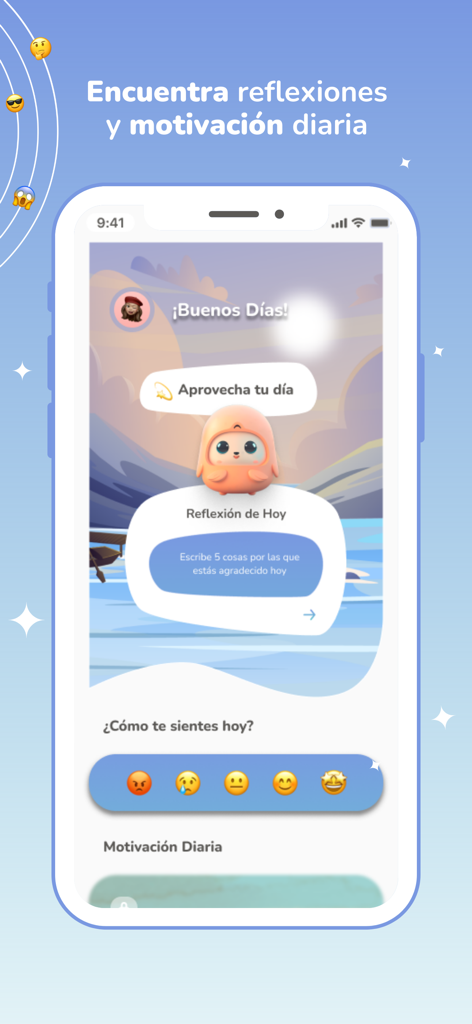 Müud - Muud app interface featuring a daily reflection prompt for gratitude and emoji-based mood selection