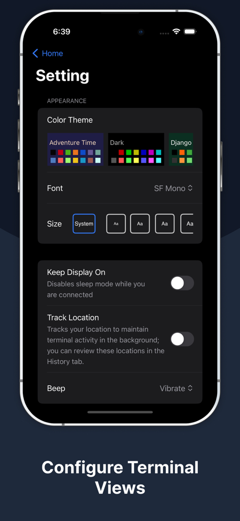 Terminux: SSH Client - Terminux app settings interface for terminal appearance including color themes and font configurations