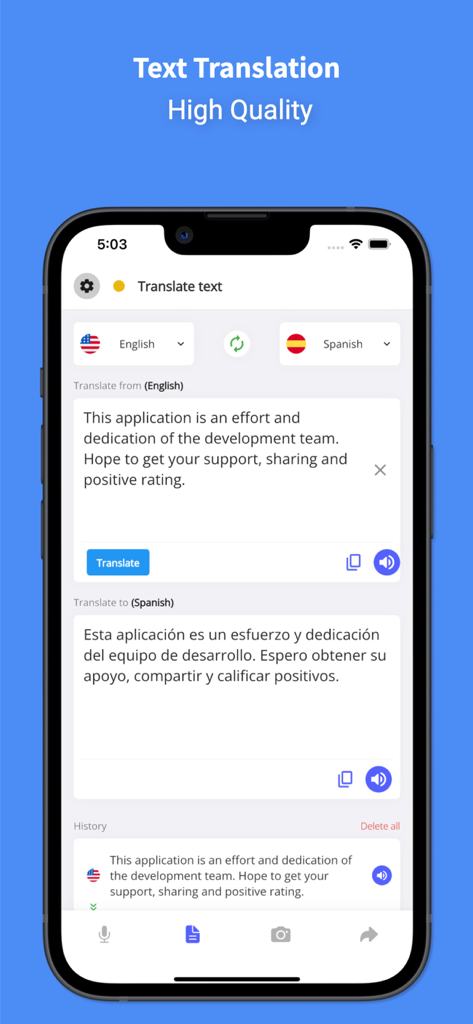 Voice Translator : Language + - Mobile app interface showing high quality text translation from English to Spanish