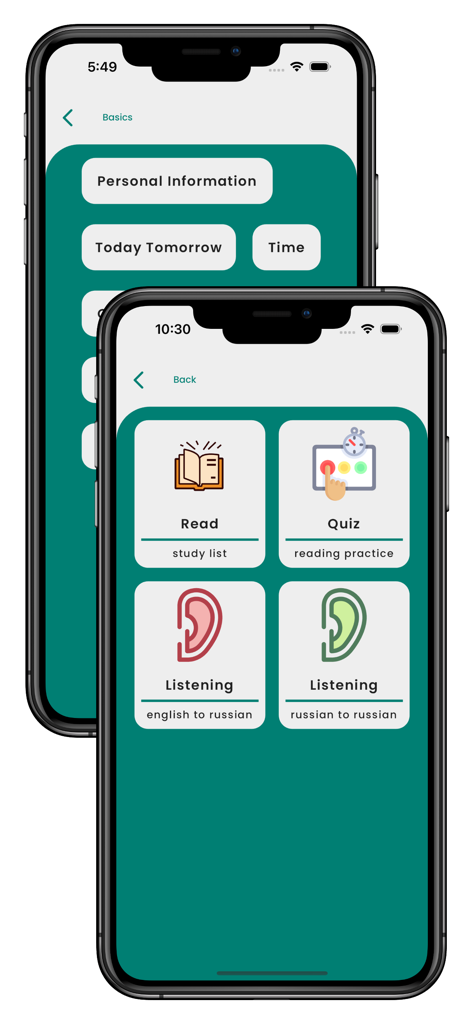 Learn Russian Language Offline - Mobile app interface for learning Russian showing categories like Personal Information and Time along with interactive Read and Quiz modes