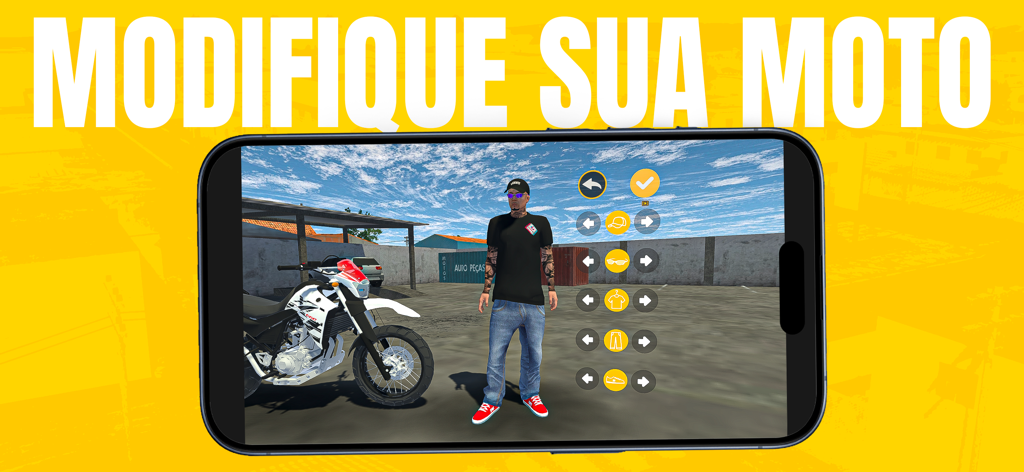 Character and motorcycle customization menu in the Projeto Grau mobile game