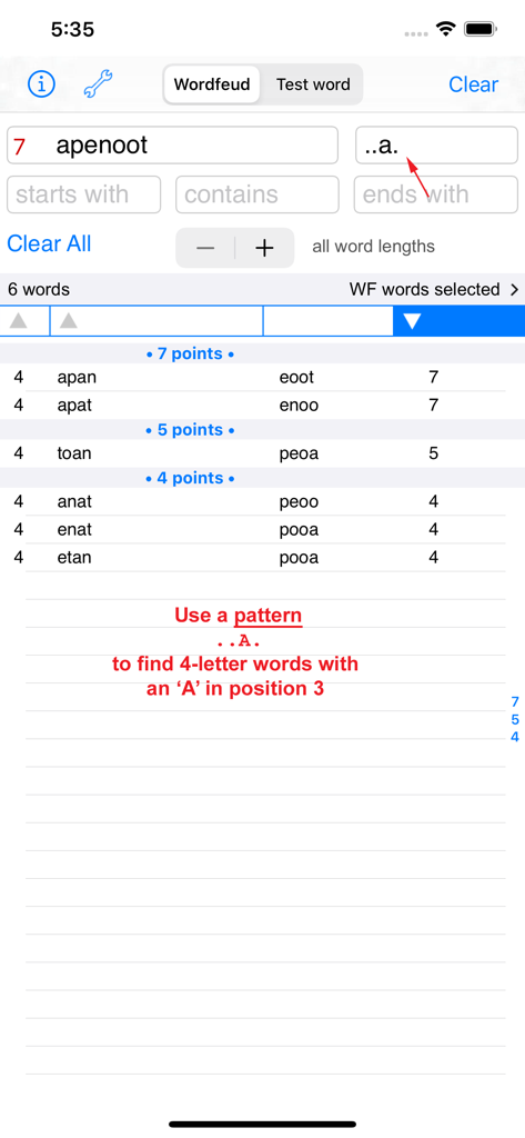 Svenska Words Finder app interface showing word results for a specific letter pattern search