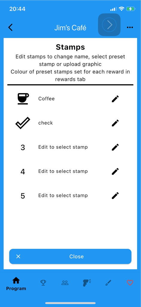 Loyalty Tag - Interface for configuring loyalty program stamps in the Loyalty Tag app for a small business like Jims Cafe