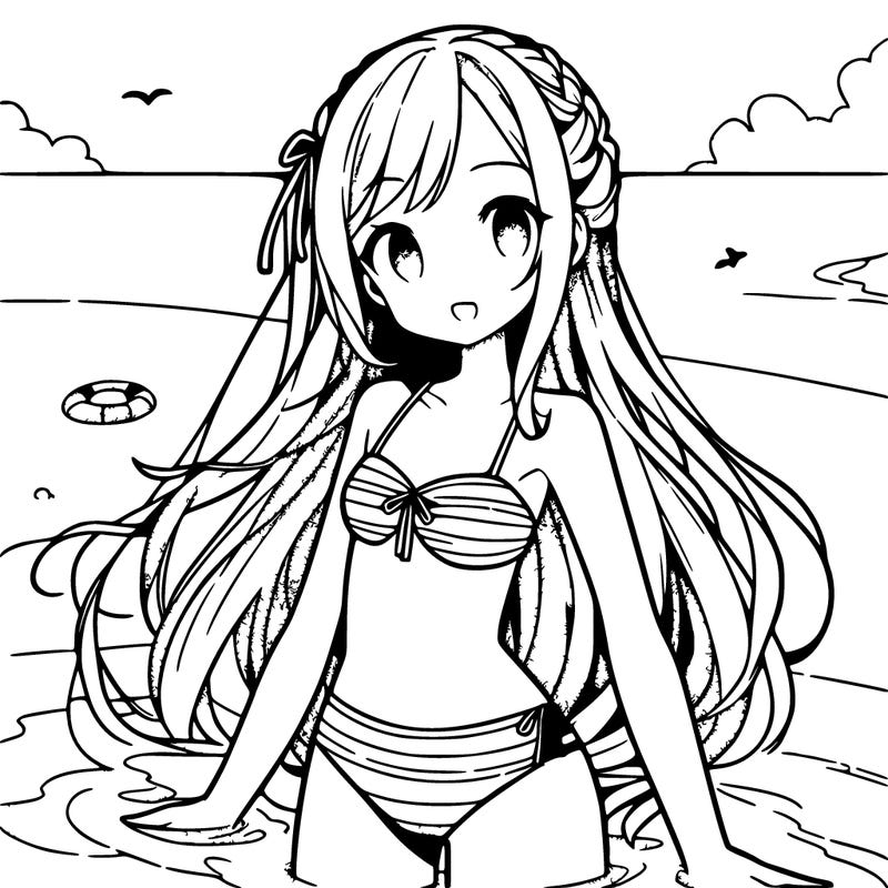 anime girl with swimsuit on beach