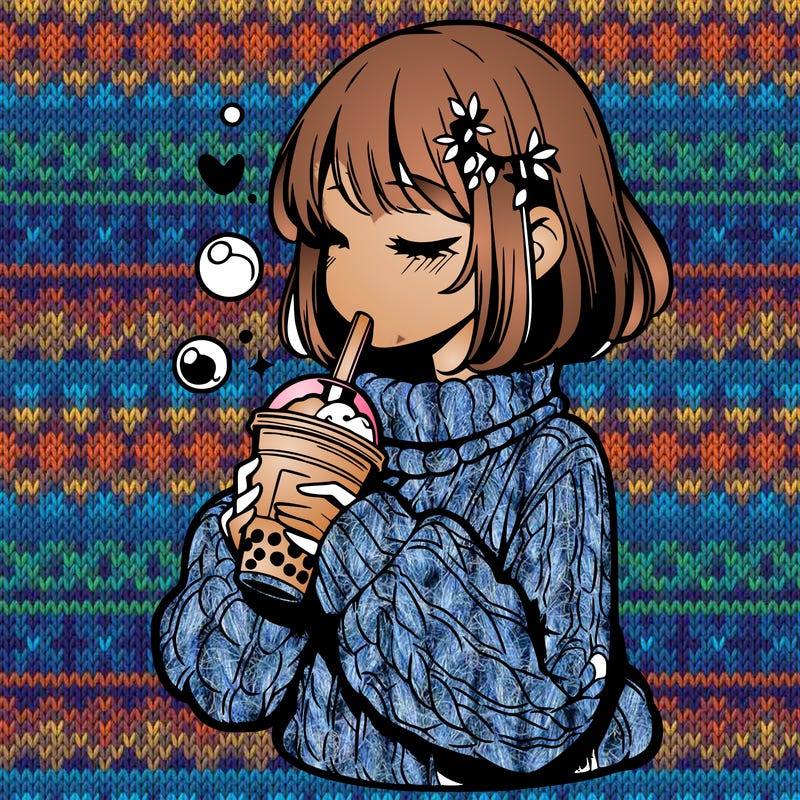 manga girl drinking boba in cozy sweater