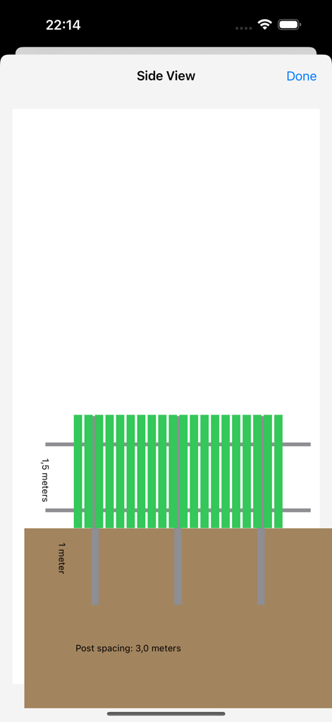 Side view diagram of a picket fence layout showing measurements for height post depth and spacing in meters