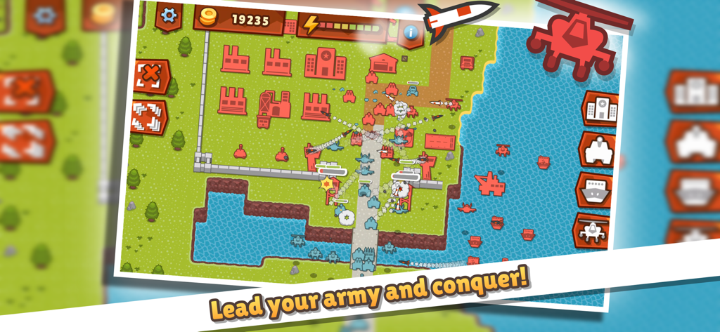 Top-down view of real-time strategy gameplay featuring base building and military unit combat on land and sea