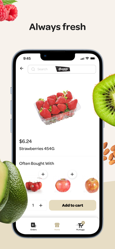 Buggy - Smartphone screen displaying the Buggy app interface with a product page for fresh strawberries and an add to cart button