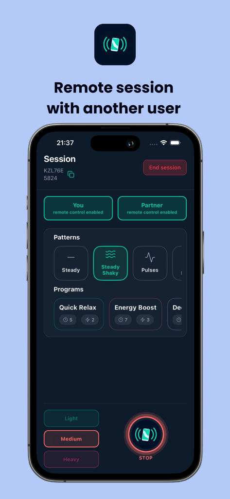 Interface do aplicativo MeTime Vibrator mostrando uma sessão remota com controle compartilhado e padrões de vibração