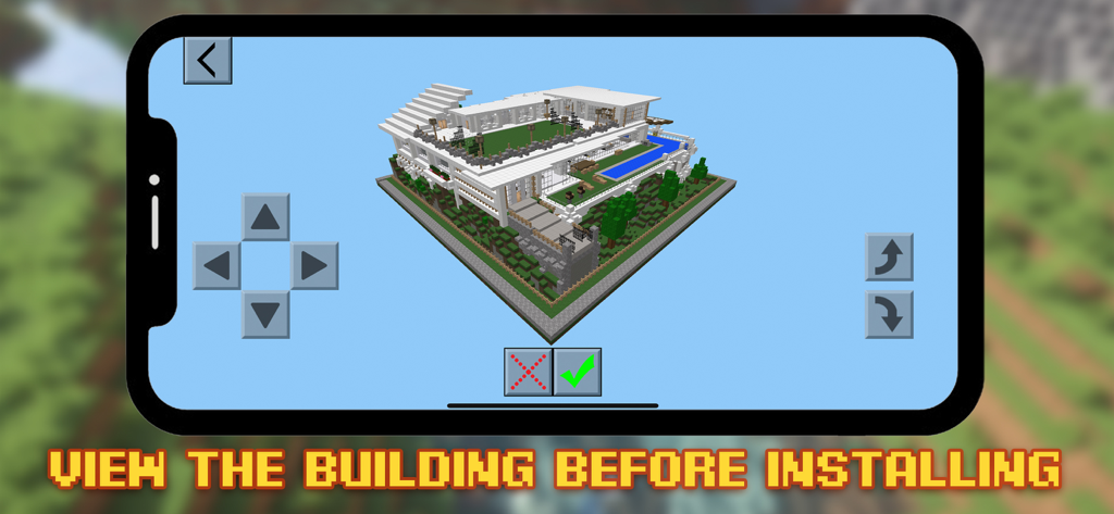 A 3D preview of a modern mansion within the Minecraft building mod application interface.