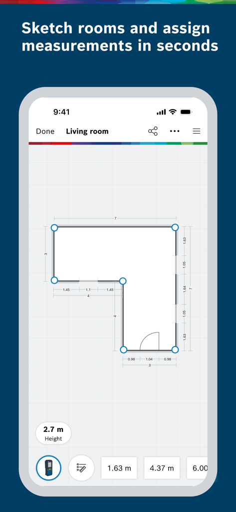 A digital room floor plan sketch with measurements in the Bosch MeasureOn mobile app
