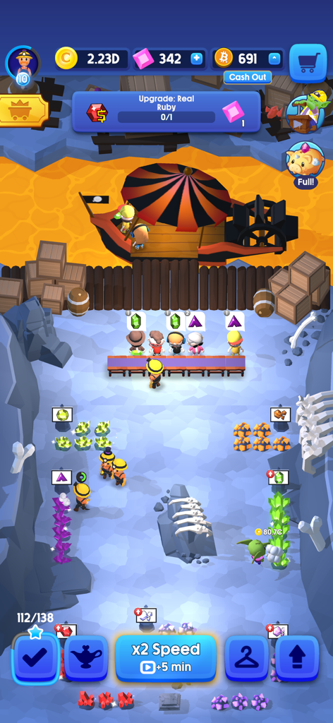 Idle Mine! - Gameplay screen of Idle Mine showing characters mining crystals and a Bitcoin rewards balance