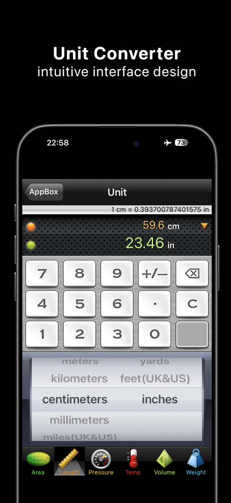 AppBox: Useful 16 Apps in One - Interfaz del convertidor de unidades de AppBox que muestra la conversión de longitud entre centímetros y pulgadas