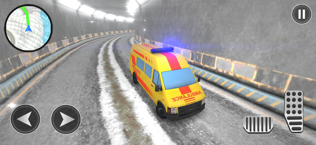 Army Cargo Truck Driving Games - Ein gelber Krankenwagen fährt durch einen Betontunnel in einem Armietransport-Simulationsspiel