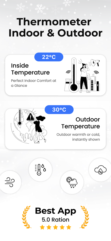 Thermometer - Indoor & Outdoor - Interface of the Thermometer app showing sections for inside and outdoor temperature monitoring with weather icons and a five star rating