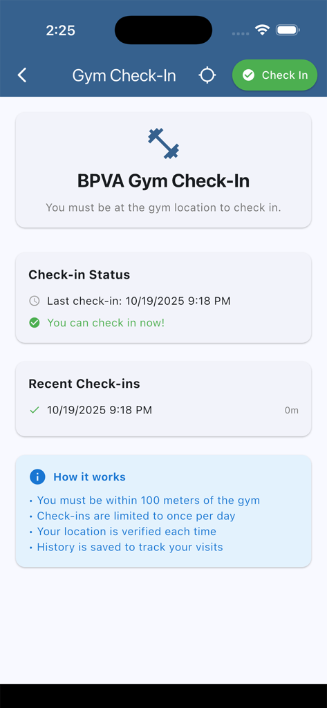 BPVA Gym Check-In screen displaying attendance status and location rules