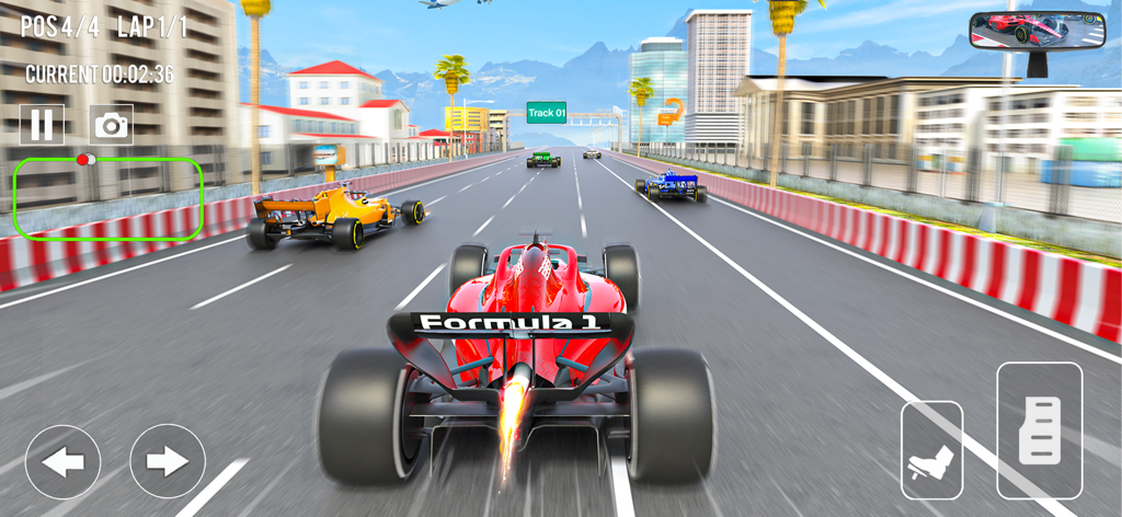 A red formula car racing on a city track with other competitors and game controls on screen.