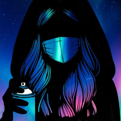 girl wearing a mask with long hair with her hood up spray-painting realistic