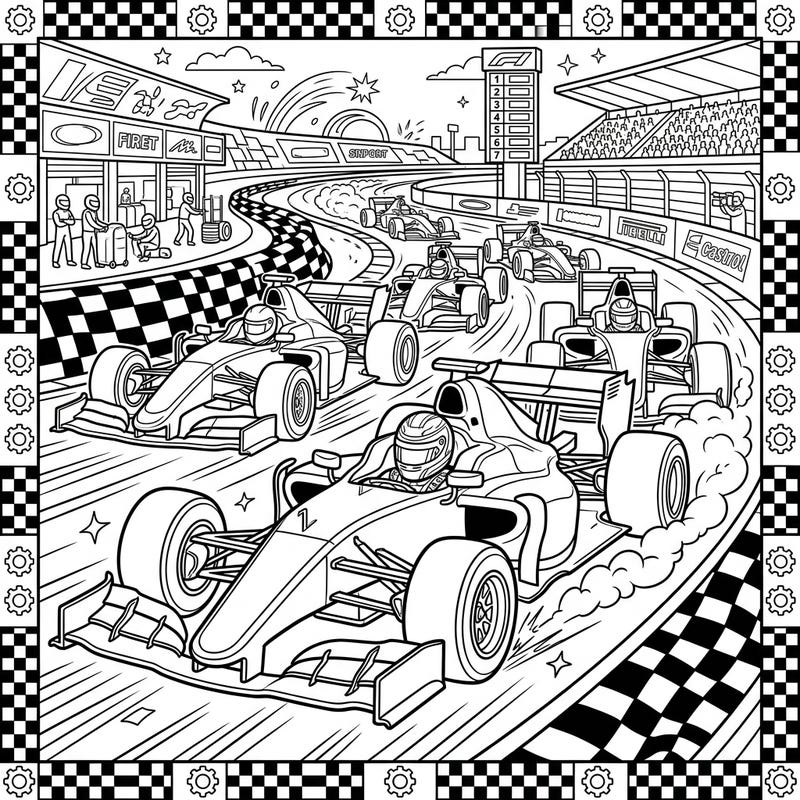 Dive into the exhilarating world of competitive motor racing with this high-octane coloring page designed for teens. Featuring detailed Formula 1 cars and dynamic track action, it's perfect for speed enthusiasts.