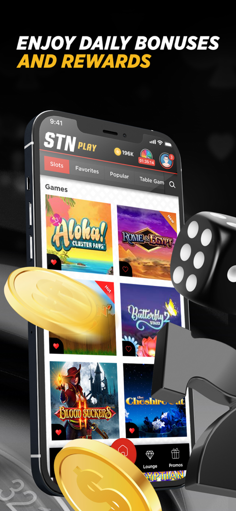 STN Play by Station Casinos - STN Play app interface showing slot games and daily bonus rewards on a smartphone