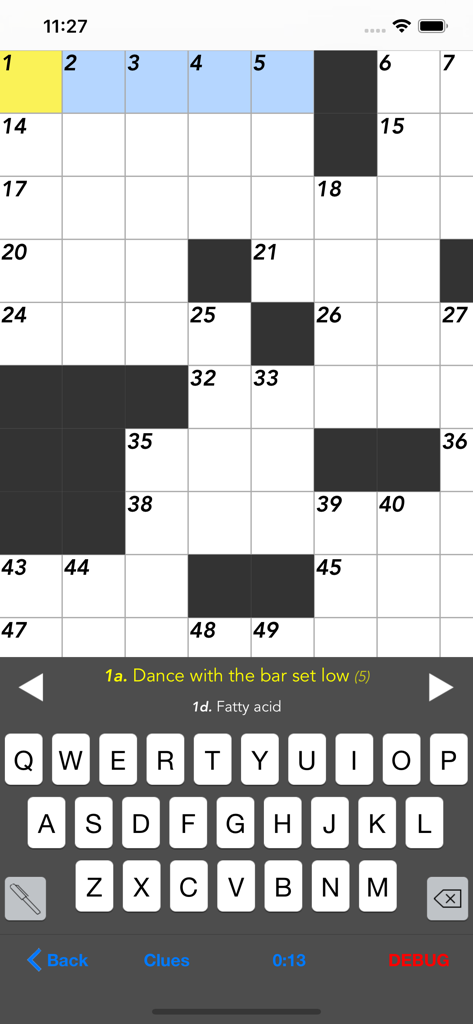 Crosswords - A screenshot of the Crosswords mobile app showing a digital crossword grid clues and a keyboard interface