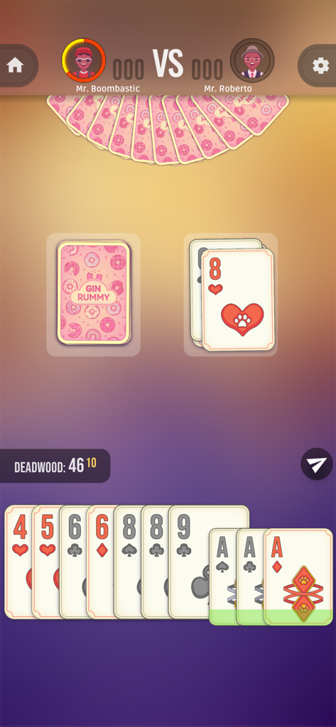 Gin Rummy: Classic Card Game - A game of Gin Rummy: Classic Card Game showing the player hand and the discard pile on a mobile screen.