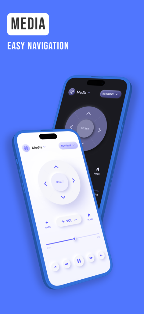 Viz smart TV remote control app showing easy media navigation buttons on mobile screens