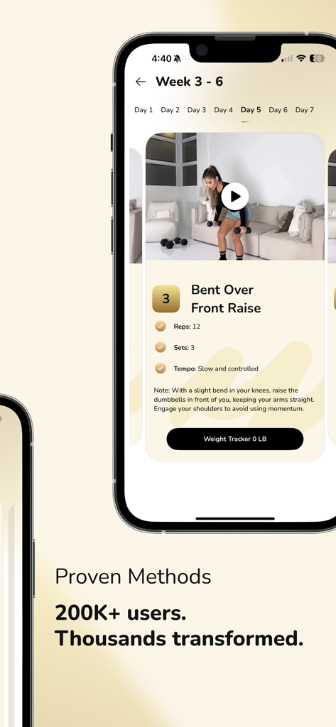 Good Fitness - Good Fitness app interface showing a bent over front raise exercise demo with rep and set tracking for women