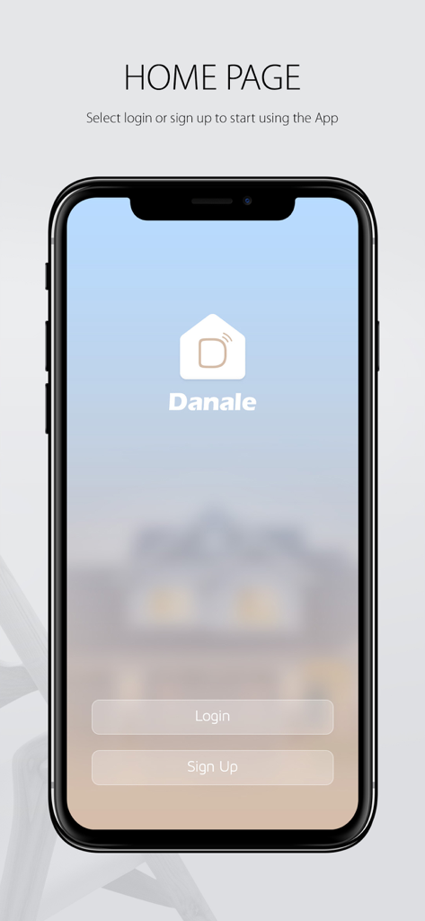Danale IoT - Danale IoT app home screen showing login and sign up buttons on a smartphone