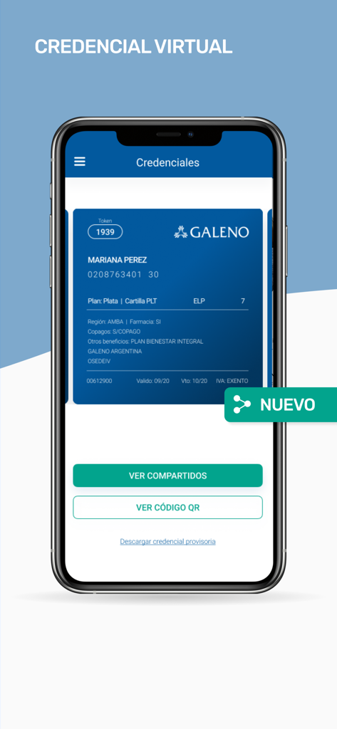 Smartphone screen showing a Galeno virtual medical ID card with member details and plan information